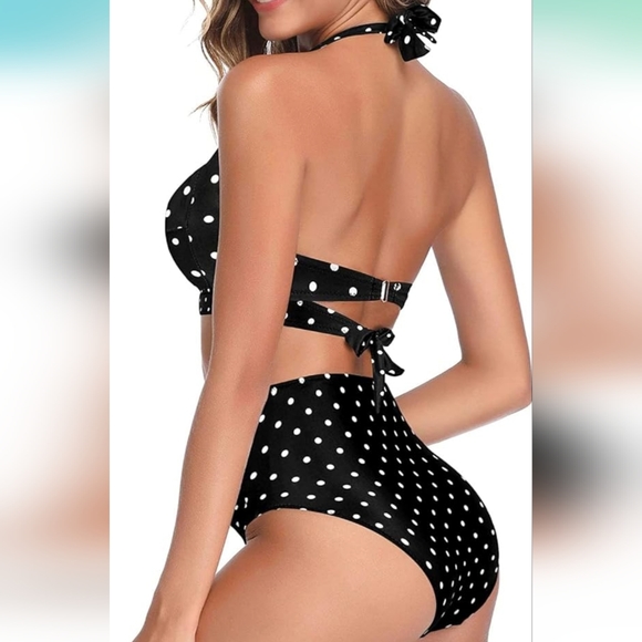 Tempt Me Women's Polka-dot Swimsuit Retro Halter Ruched High Waist Bikini L - Picture 4 of 10
